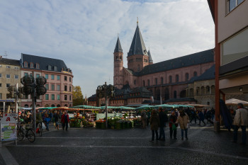 The cathedral stands directly on Mainz's market square.