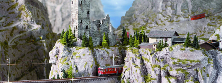 The model railway also goes through the Swiss Alps.
