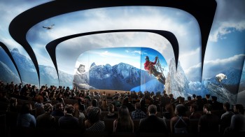 In the evening, the forecourt transforms into an immersive underwater world — with light and sound effects and enormous projections on the glass façade.