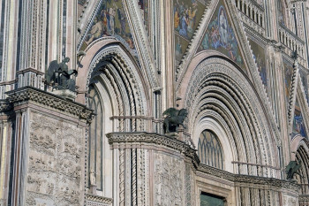 The architecturally highly impressive exterior facade of Orvieto Cathedral