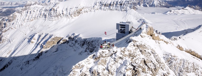 View Point at Scex Rouge, Glacier 3000, in Switzerland with its attraction Peak Walk by Tissot.
