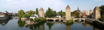 A panorama view of the Ill canals and cascades of Strasbourg