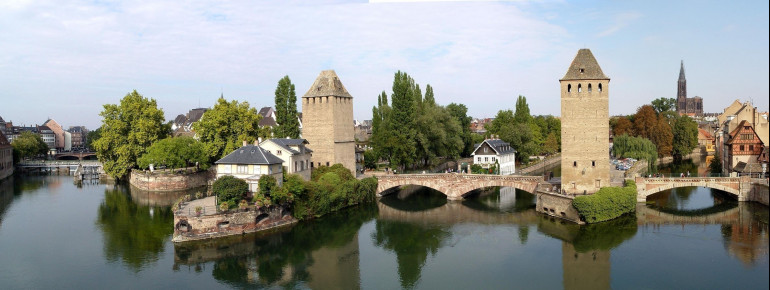 A panorama view of the Ill canals and cascades of Strasbourg