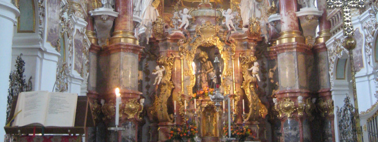 The lavish interior decoration of the Wieskirche is a masterpiece of the Rococo period.