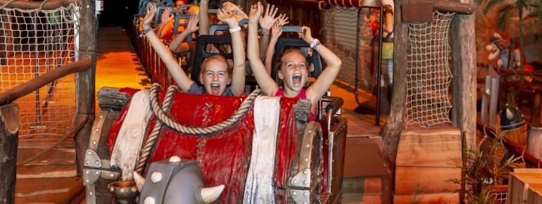 In the Viking roller coaster, you race through rocks and caves at high speed.
