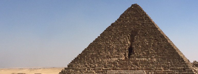 The Mykerinos pyramid is considerably smaller than the two neighboring royal pyramids