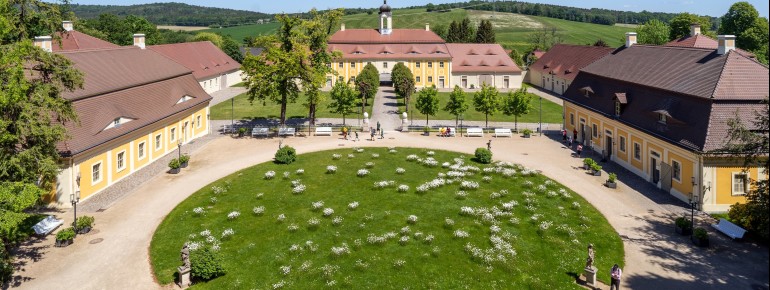 The baroque palace complex includes a manor house, utility buildings, and a picturesque landscaped park.