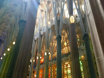 The colorful interior of the Sagrada Família.