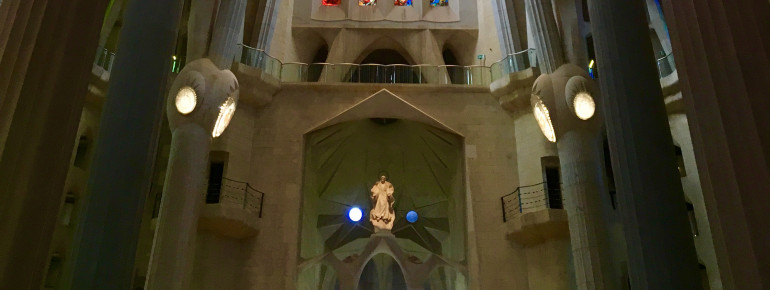 View to the west side of the church, its columns and colors.