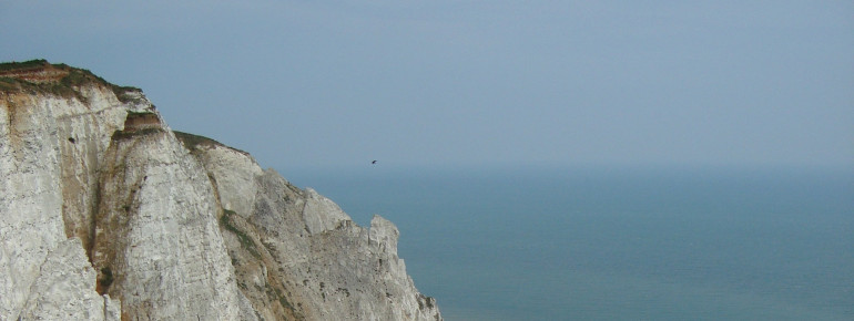 The chalk cliffs overlook the English Channel.
