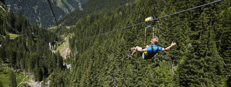 Enjoying the scenic views from Ischgl Skyfly. The two-kilometre long Flying Fox, being installed 50m above ground level, gets you down into the valley in no time.