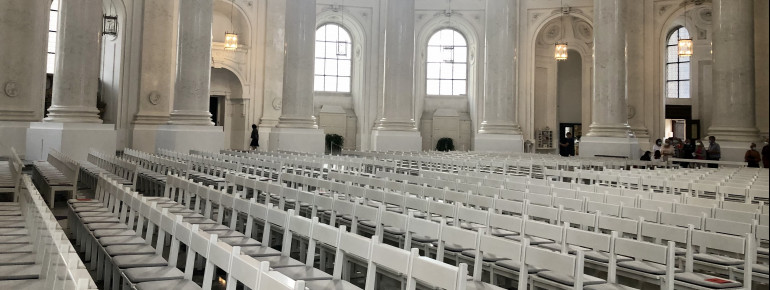 The interior of the cathedral is designed almost completely in white.