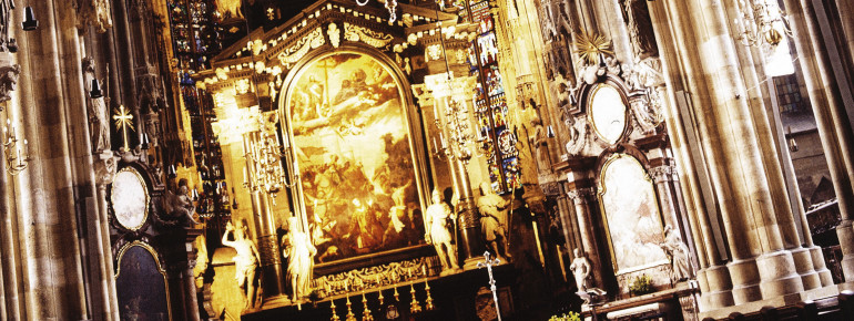 The cathedral's interior features romanesque, gothic, and baroque architecture.