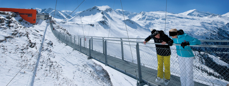The suspension bridge has an open, see-through design.