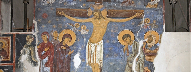 Wall paintings decorate the interior of the monastery.