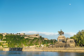The Deutsches Eck provides a stunning view of the Ehrenbreitstein Fortress across the river.