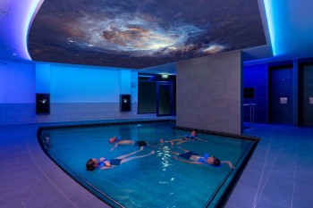 The saltwater pool invites visitors to float effortlessly.