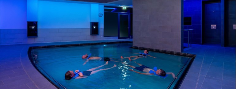 The saltwater pool invites visitors to float effortlessly.