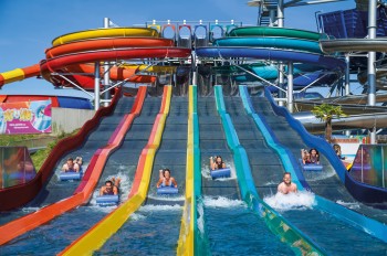 In summer, visitors can enjoy a huge outdoor water slide park. Pictured here is the Rainbow Racer.
