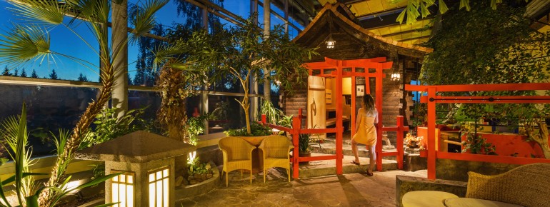 Im japanischen Saunagarten erwartet dich eine Steinsauna, ein Heißbad, sowie eine Meditationssauna.