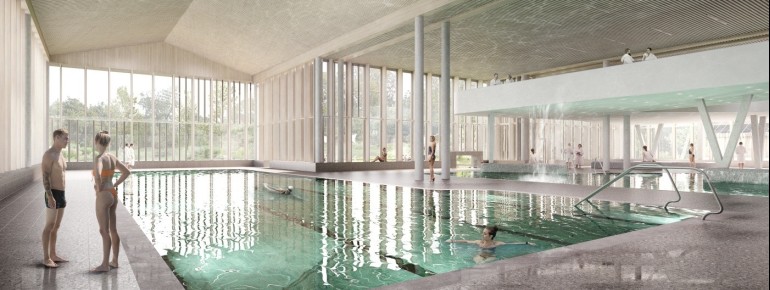 Der Innen- und Außenbereich der Therme Oberstdorf beinhaltet beheizte Becken zwischen 30 und 36 Grad.