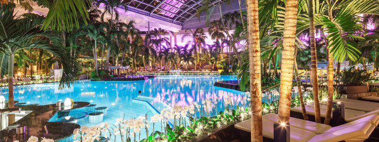Lagune mit Poolbar im Palmenparadies der Thermen & Badewelt Sinsheim