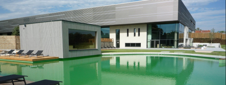 Zum Außenbereich der Saunalandschaft gehört ein großer, ungechlorter Badeteich mit natürlich gefiltertem Harzwasser.