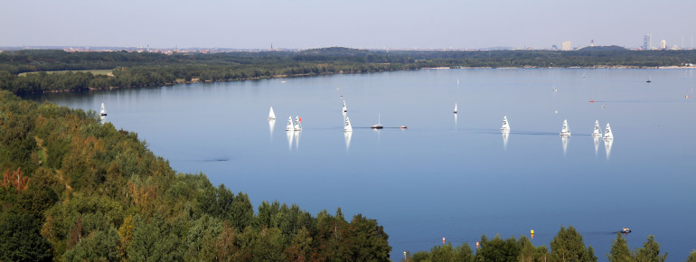 Blick auf den Cospudener See vom Aussichtsturm auf der Bistumshöhe.