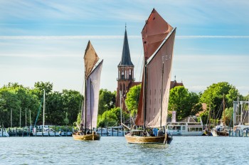 Wustrower Zeesbootregatta: Historische Segelboote mit rotbraunen Segeln gleiten über den Bodden – ein maritimes Traditionsevent im Sommer.