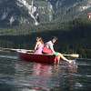 Paddle boats are available for rent at the lake.