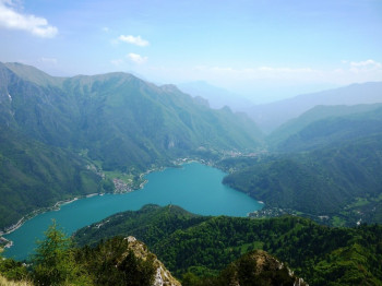 View over Lago di Ledro and the surrounding mountains.