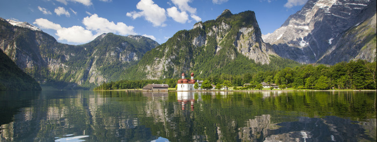 Pilgrimage church St. Bartholomew is lake Königssee's famous Landmark. It is accessible only by boat.